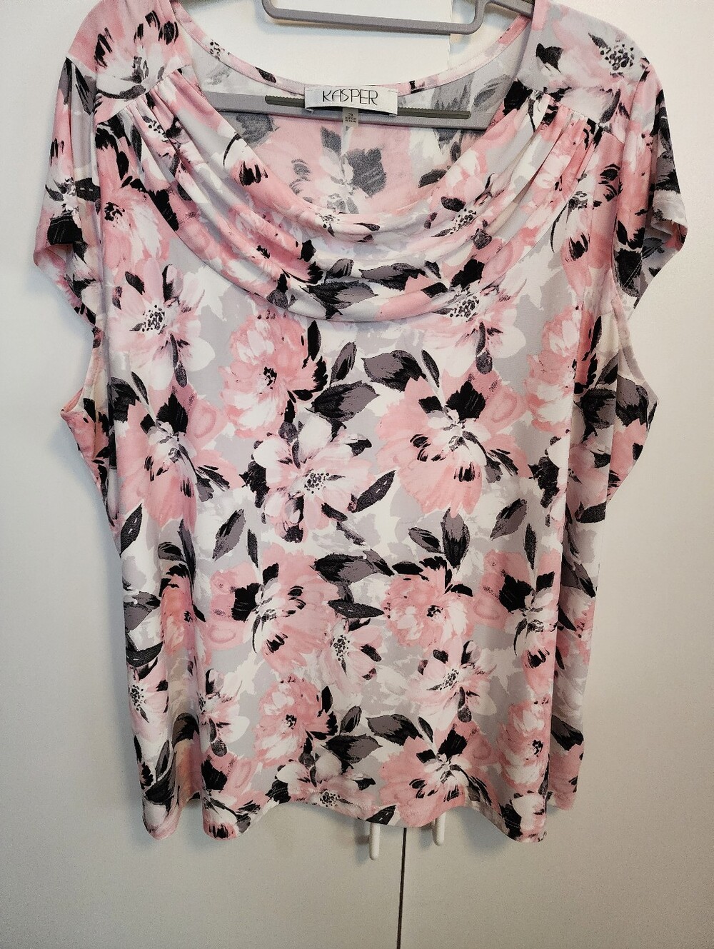Kasper Pink and Black Floral Draped-Cowl Neck Blouse